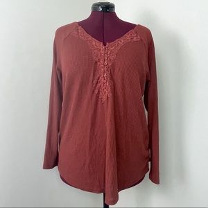 Torrid Orange Terracotta Waffle Knit Lace Trim Long Sleeve Tee Size 1